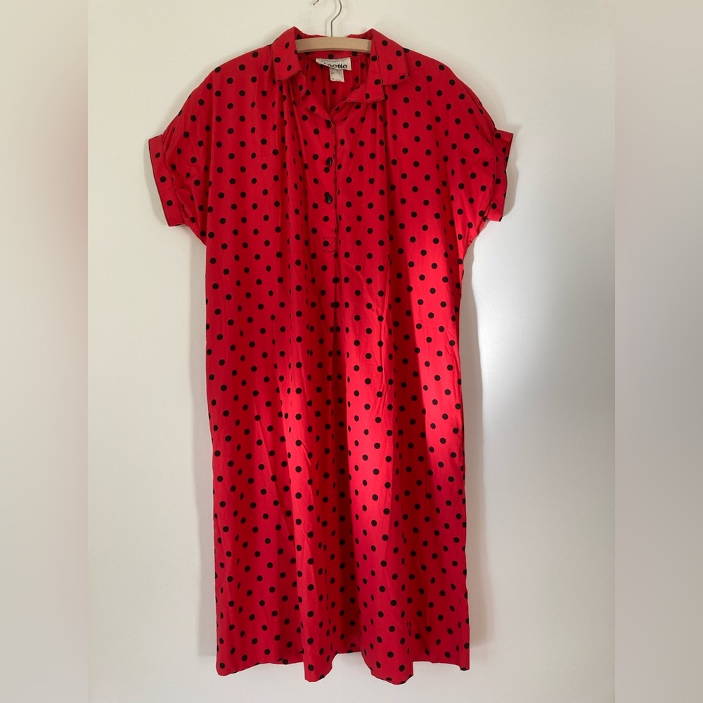 Vintage 80s Circette red collared midi shirt dress with black polka dots. OS